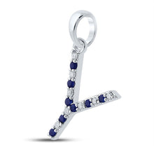 Load image into Gallery viewer, Exquisite Blue Sapphire and Diamond Initial Pendant - Personalized Elegance in 10kt White Gold Side view from the 10Kt White Gold Womens Round Blue Sapphire Diamond Y Letter Pendant 1 6 Cttwpin289285 collection by Splendid Jewellery