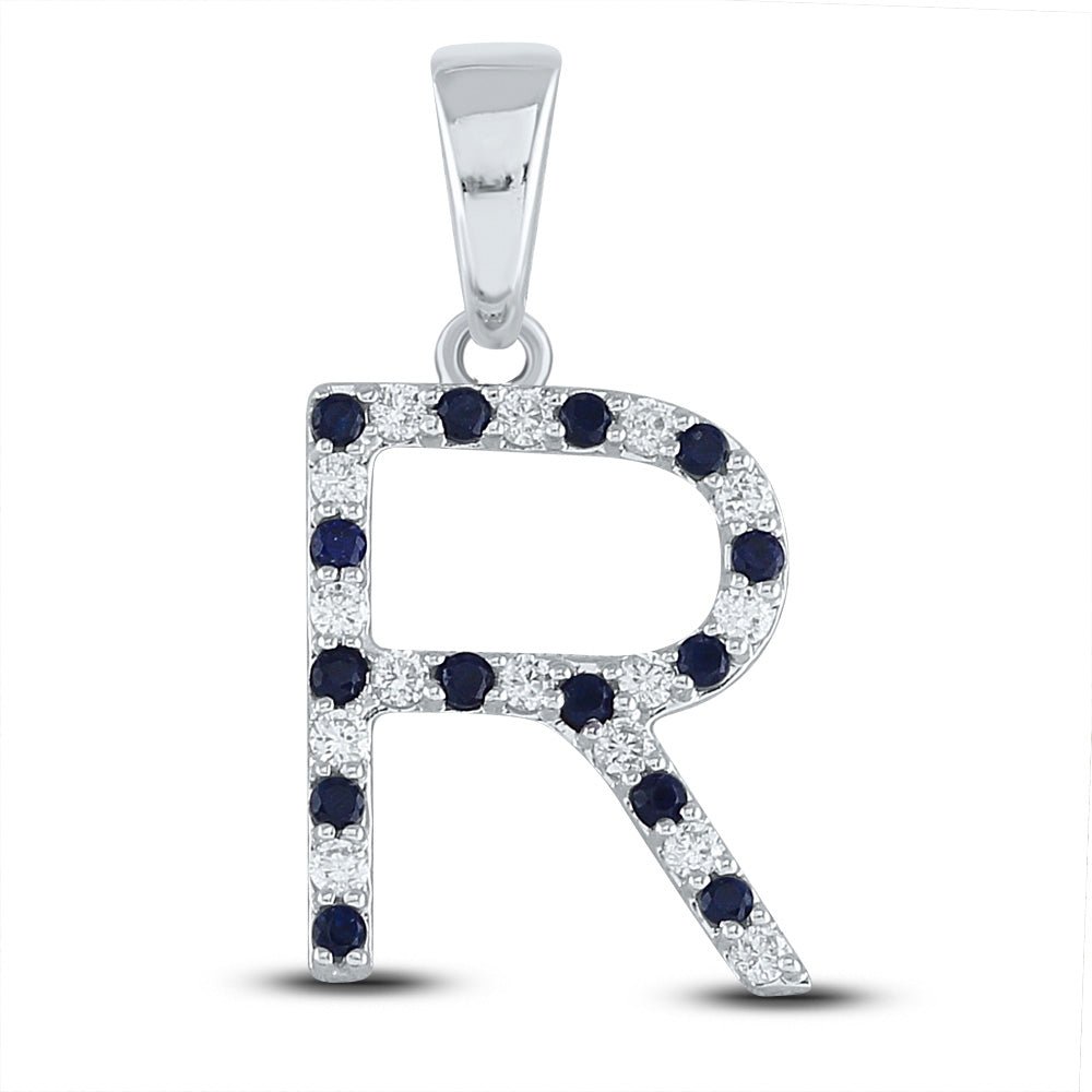 Gemstone Initial & Letter Pendant | 10kt White Gold Womens Round Blue Sapphire Initial R Letter Pendant 1/3 Cttw | Splendid Jewellery GND