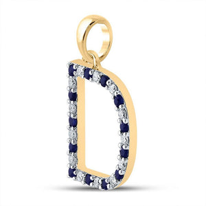 Gemstone Initial & Letter Pendant | 10kt Yellow Gold Womens Round Blue Sapphire Diamond D Letter Pendant 1/4 Cttw | Splendid Jewellery GND