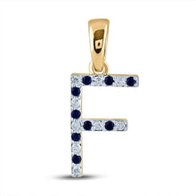 Load image into Gallery viewer, 10kt Yellow Gold Gemstone Initial &amp; Letter Pendant - Radiant Blue Sapphire and Diamond F Letter Pendant 1/5 Cttw product  Top View from Splendid Jewellery