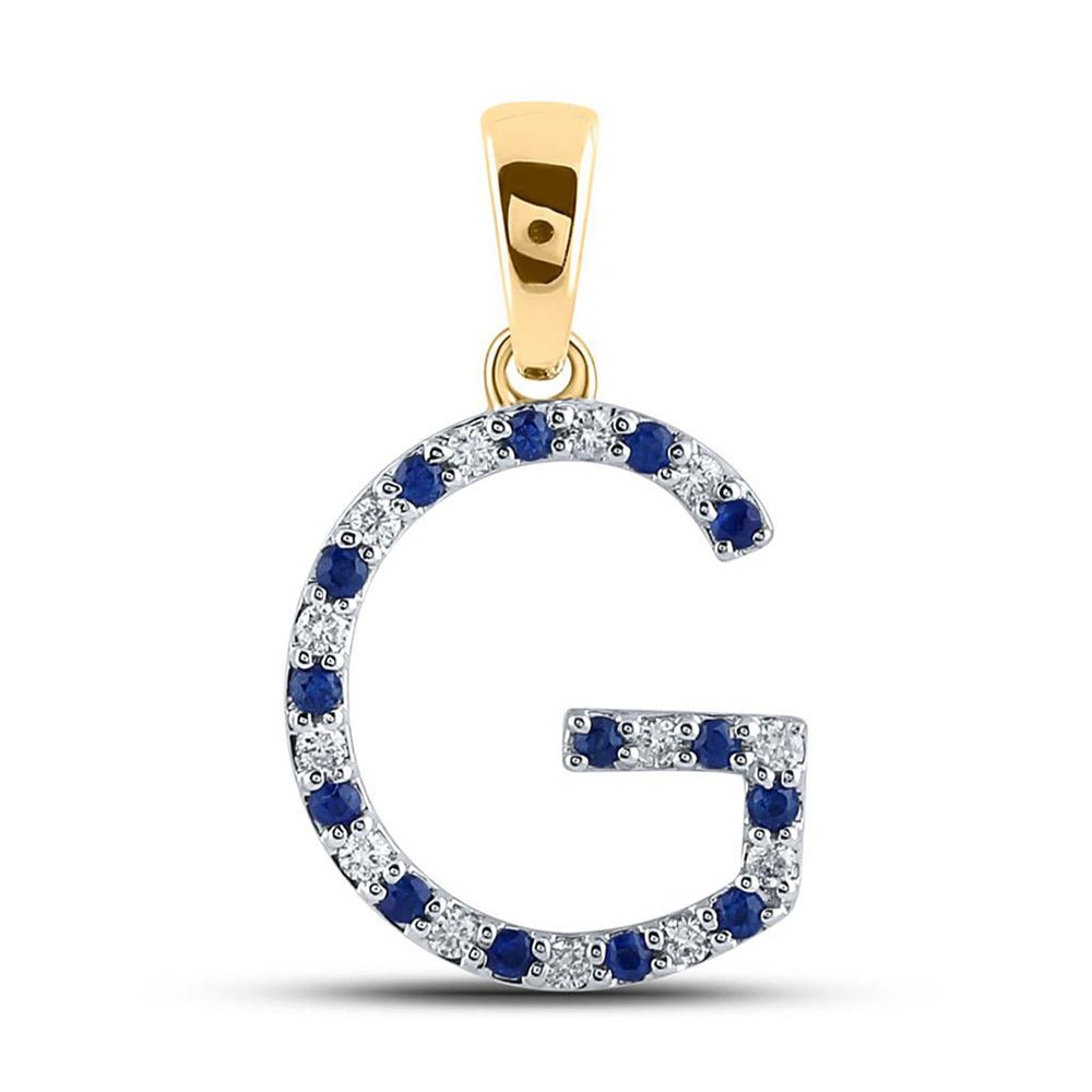 Gemstone Initial & Letter Pendant | 10kt Yellow Gold Womens Round Blue Sapphire Diamond G Letter Pendant 1/4 Cttw | Splendid Jewellery GND