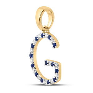 Gemstone Initial & Letter Pendant | 10kt Yellow Gold Womens Round Blue Sapphire Diamond G Letter Pendant 1/4 Cttw | Splendid Jewellery GND