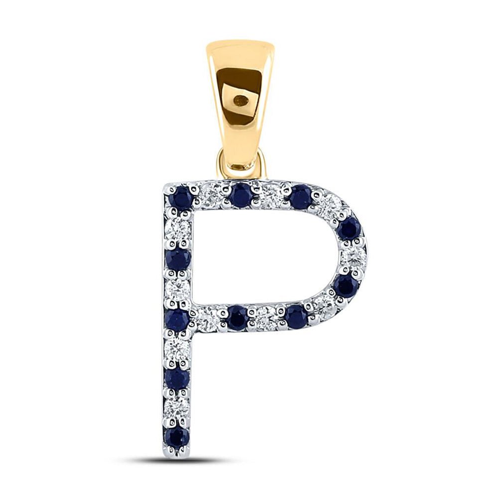 Gemstone Initial & Letter Pendant | 10kt Yellow Gold Womens Round Blue Sapphire Diamond P Letter Pendant 1/5 Cttw | Splendid Jewellery GND