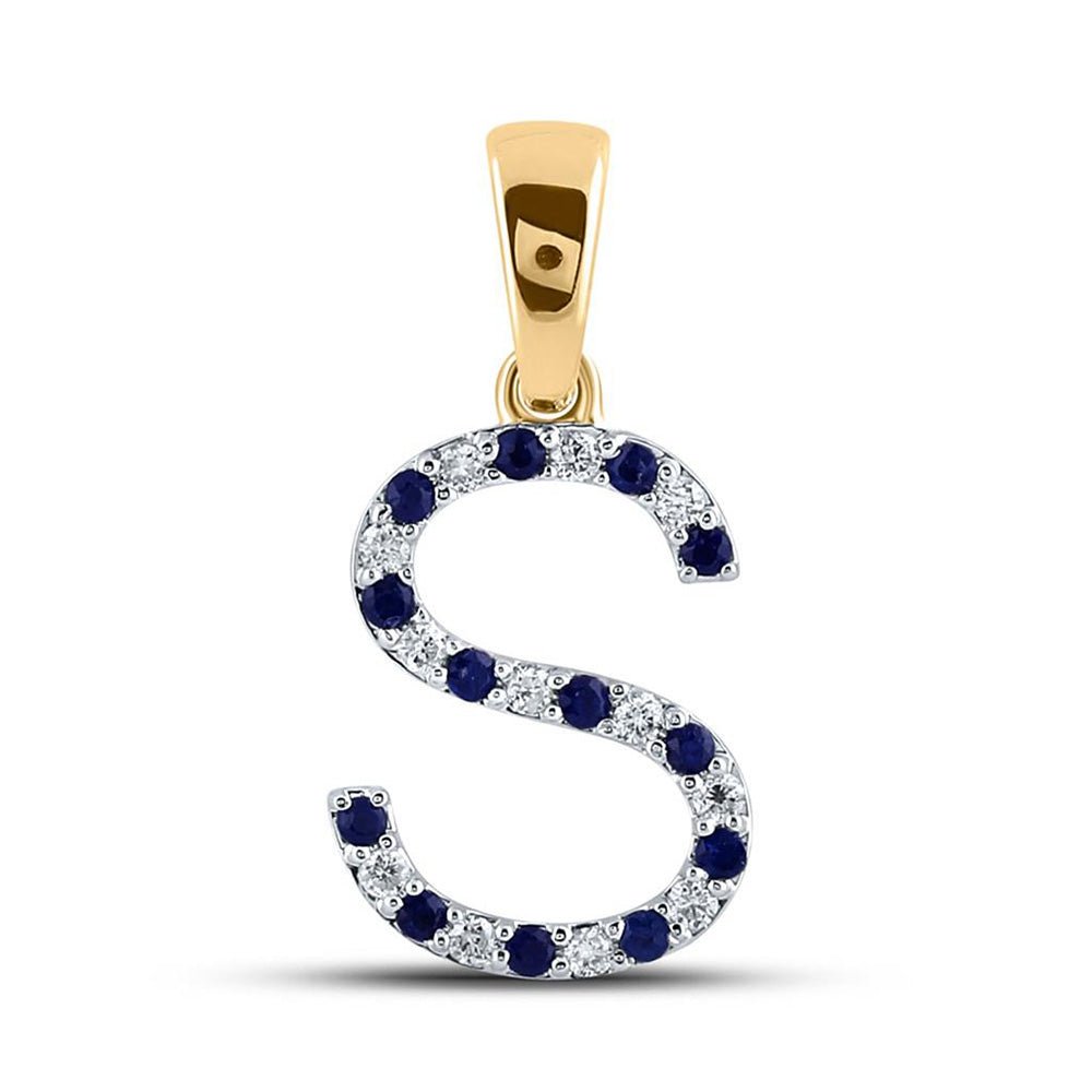 Gemstone Initial & Letter Pendant | 10kt Yellow Gold Womens Round Blue Sapphire Diamond S Letter Pendant 1/4 Cttw | Splendid Jewellery GND