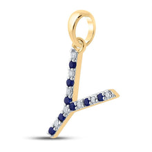 Load image into Gallery viewer, 10kt Yellow Gold Gemstone Initial &amp; Letter Pendant | Captivating Blue Sapphire and Diamond Y Pendant | Splendid Jewellery product Side View from Splendid Jewellery