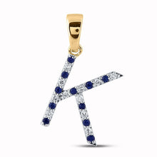 Load image into Gallery viewer, 10kt Yellow Gold Gemstone Initial &amp; Letter Pendant with Round Blue Sapphire and Diamonds: A Personalized Masterpiece of Elegance product Side View from Splendid Jewellery