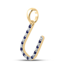Load image into Gallery viewer, 10kt Yellow Gold Womens Round Blue Sapphire U Initial Letter Pendant - A Personalized Gemstone Delight product Side View from Splendid Jewellery