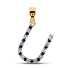 Load image into Gallery viewer, 10kt Yellow Gold Womens Round Blue Sapphire U Initial Letter Pendant - A Personalized Gemstone Delight product  Top View from Splendid Jewellery