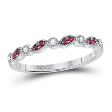 Load image into Gallery viewer, 10kt White Gold Ruby and Diamond Stackable Band Ring: A Mesmerizing Fusion of Elegance and Sparkle Top view from the 10Kt White Gold Womens Round Ruby Diamond Stackable Band Ring 1 8 Cttwpin270646 collection by Splendid Jewellery