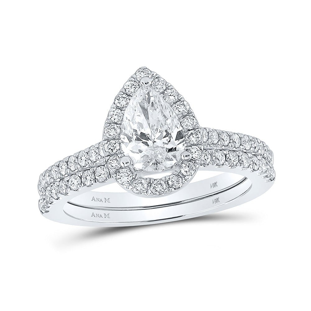 Glamorous Love: 14kt White Gold Pear Diamond Halo Bridal Wedding Ring Band Set 1 - 1/2 Cttw - Splendid Jewellery