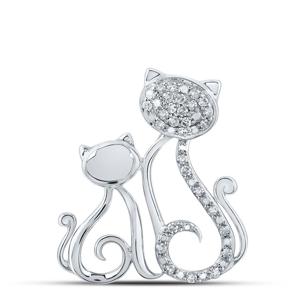 Graceful Feline Brilliance Pendant | 10kt White Gold Round Diamond Cat Kitty Pendant 1/8 Cttw - Splendid Jewellery