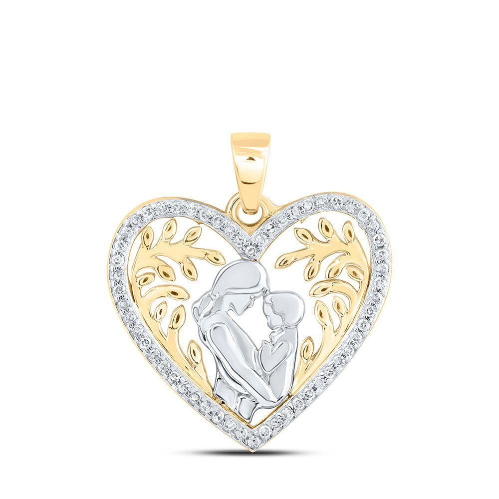 Heart of Love Diamond Pendant | 10kt Yellow Gold Womens Round Diamond Mom Child Heart Pendant 1/10 Cttw - Splendid Jewellery