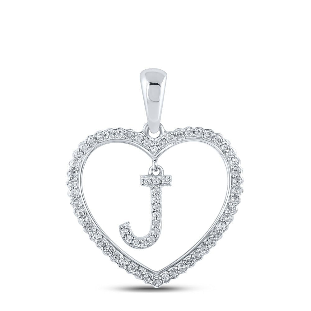 Heartfelt Diamond Initial Pendant - 10kt White Gold Womens Round Diamond J Letter Pendant 1/4 Cttw - Splendid Jewellery