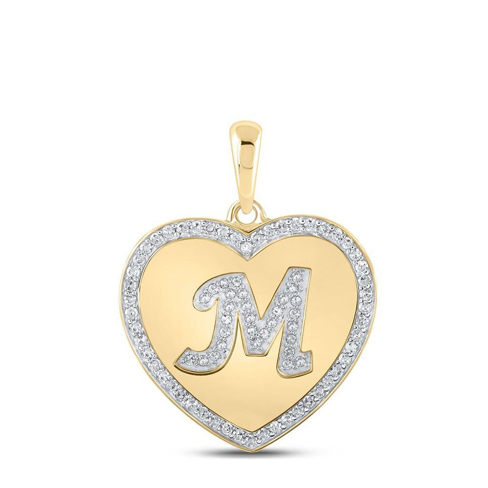 Heartfelt Diamond Initial Pendant | 10kt Yellow Gold Womens Round Diamond M Letter Pendant 1/4 Cttw - Splendid Jewellery