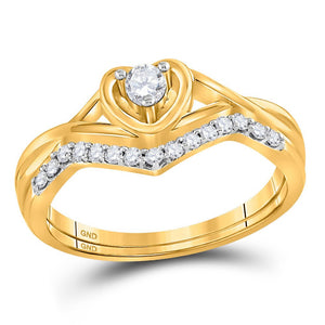 Heartfelt Love: 10kt Yellow Gold Diamond Heart Bridal Wedding Ring Band Set - Splendid Jewellery