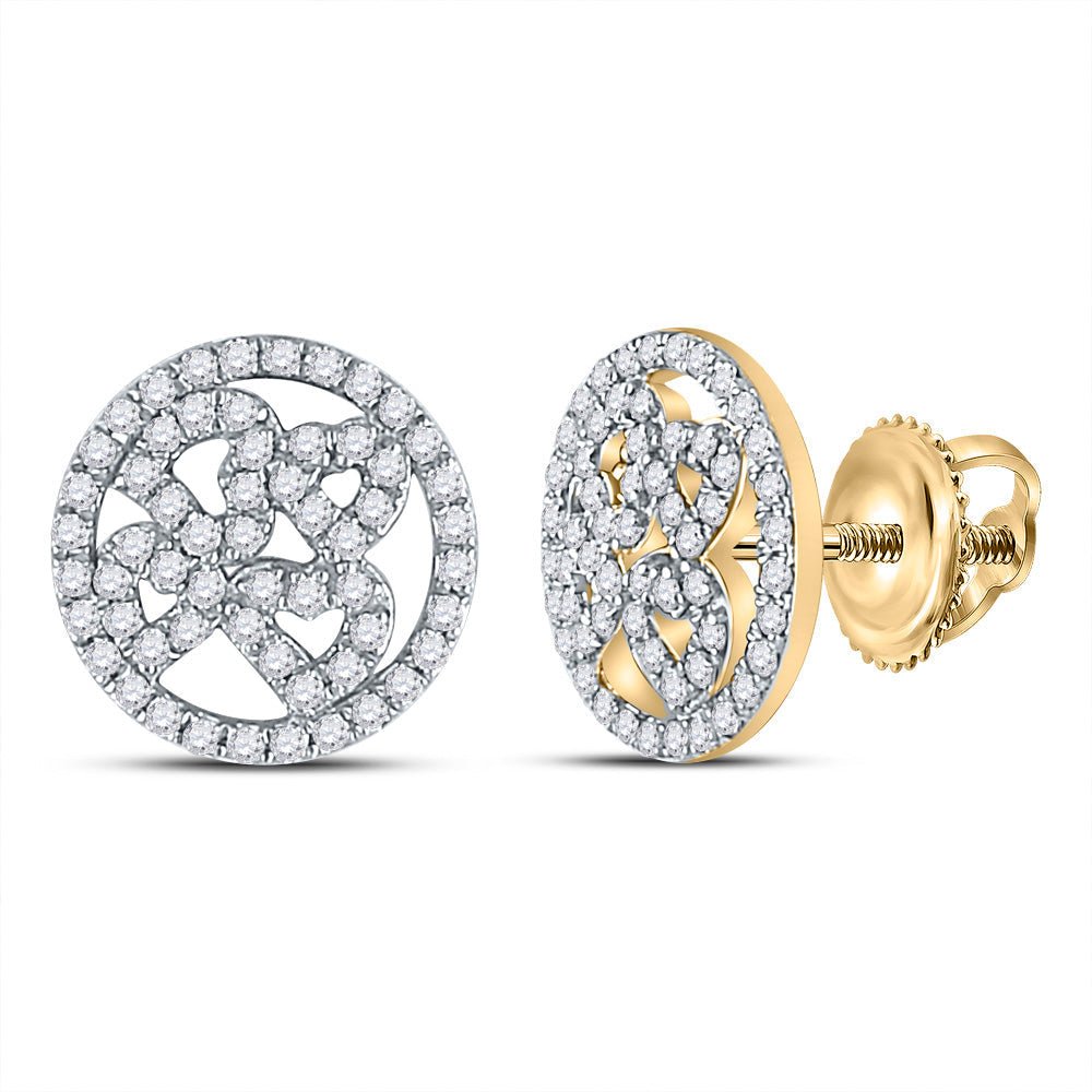 Heart's Delight: 10kt Yellow Gold Womens Round Diamond Heart Circle Earrings 1/2 Cttw - Splendid Jewellery