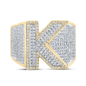 Initial Sparkle: 10kt Two-tone Gold Mens Round Diamond K Letter Ring 1-1/5 Cttw - Alternate view 4 from Splendid Jewellery