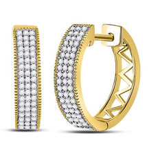 Load image into Gallery viewer, Luxurious Triple Row Pave Hoop Earrings in 10kt Yellow Gold - Side View