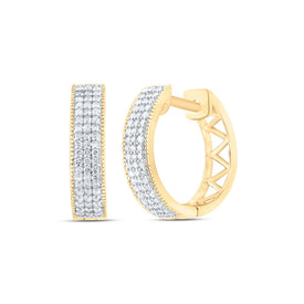 Luxurious Triple Row Pave Hoop Earrings in 10kt Yellow Gold - Top View