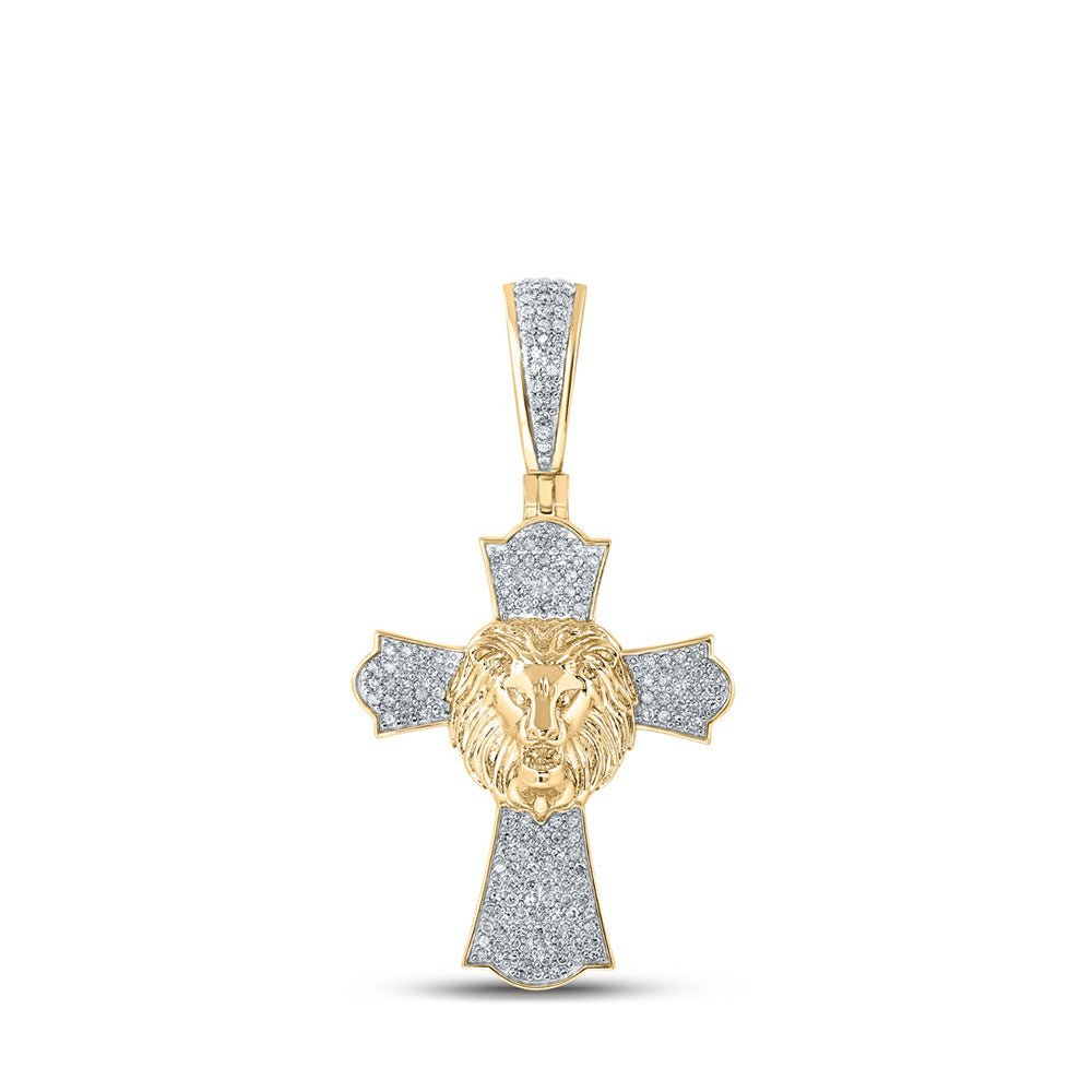 Majestic 10kt Yellow Gold Lion Face Cross Diamond Charm Pendant - 1/2 Cttw - Splendid Jewellery