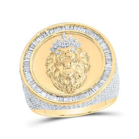 Majestic 10kt Yellow Gold Men's Diamond Lion Face Circle Ring - 2 - 3/8 Cttw - Splendid Jewellery