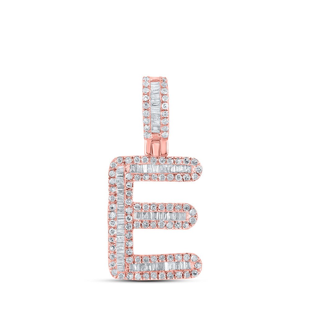 Men's Diamond Charm Pendant | 10kt Rose Gold Mens Baguette Diamond E Initial Letter Pendant 1/2 Cttw | Splendid Jewellery GND