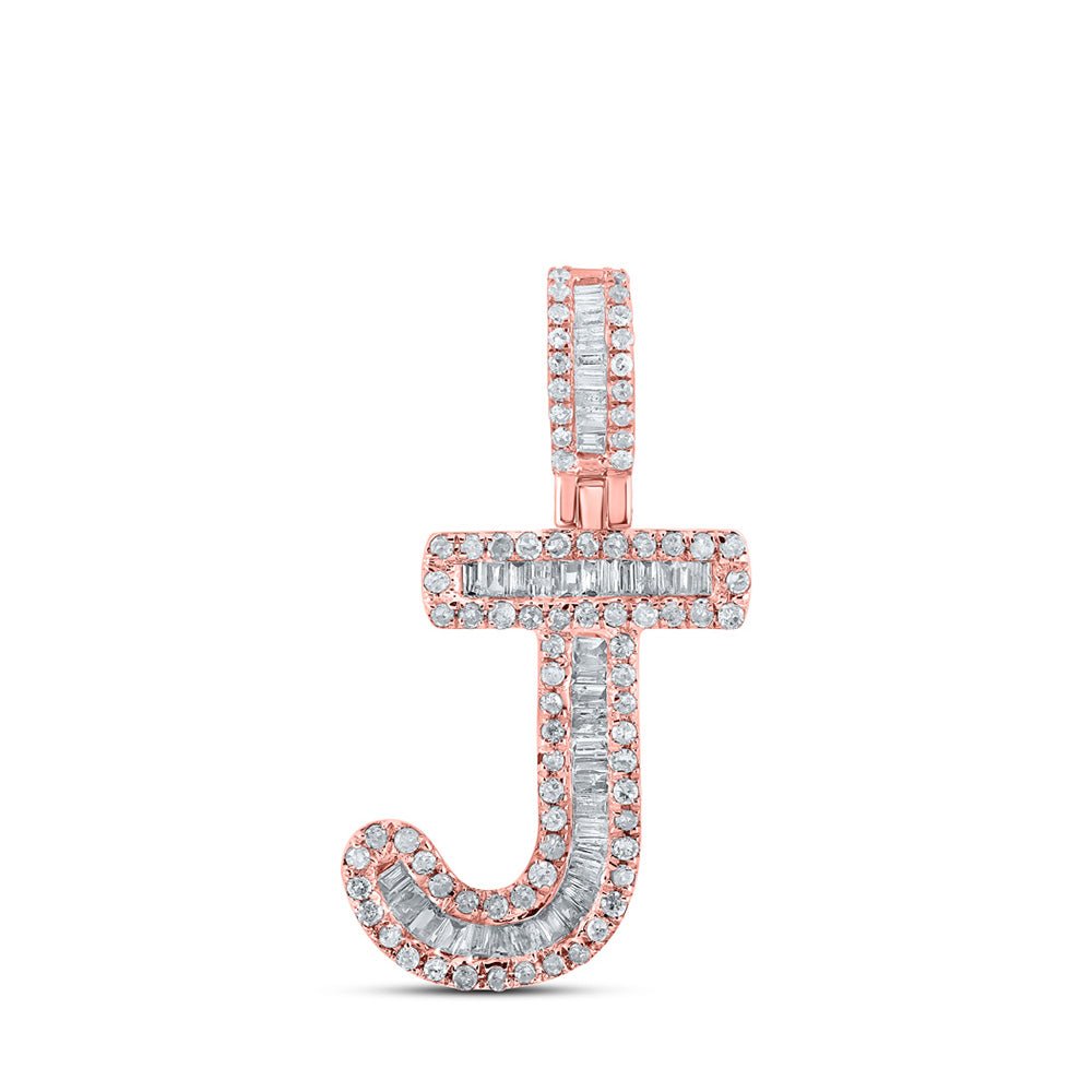 Men's Diamond Charm Pendant | 10kt Rose Gold Mens Baguette Diamond J Initial Letter Pendant 3/8 Cttw | Splendid Jewellery GND