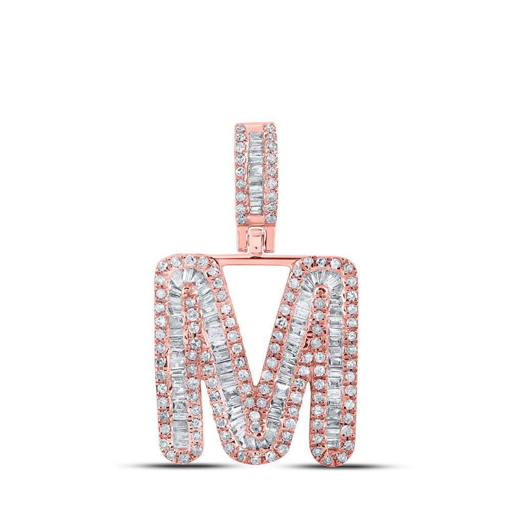 Men's Diamond Charm Pendant | 10kt Rose Gold Mens Baguette Diamond M Initial Letter Pendant 3/4 Cttw | Splendid Jewellery GND