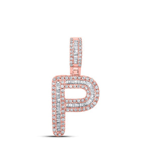 Men's Diamond Charm Pendant | 10kt Rose Gold Mens Baguette Diamond P Initial Letter Pendant 3/8 Cttw | Splendid Jewellery GND