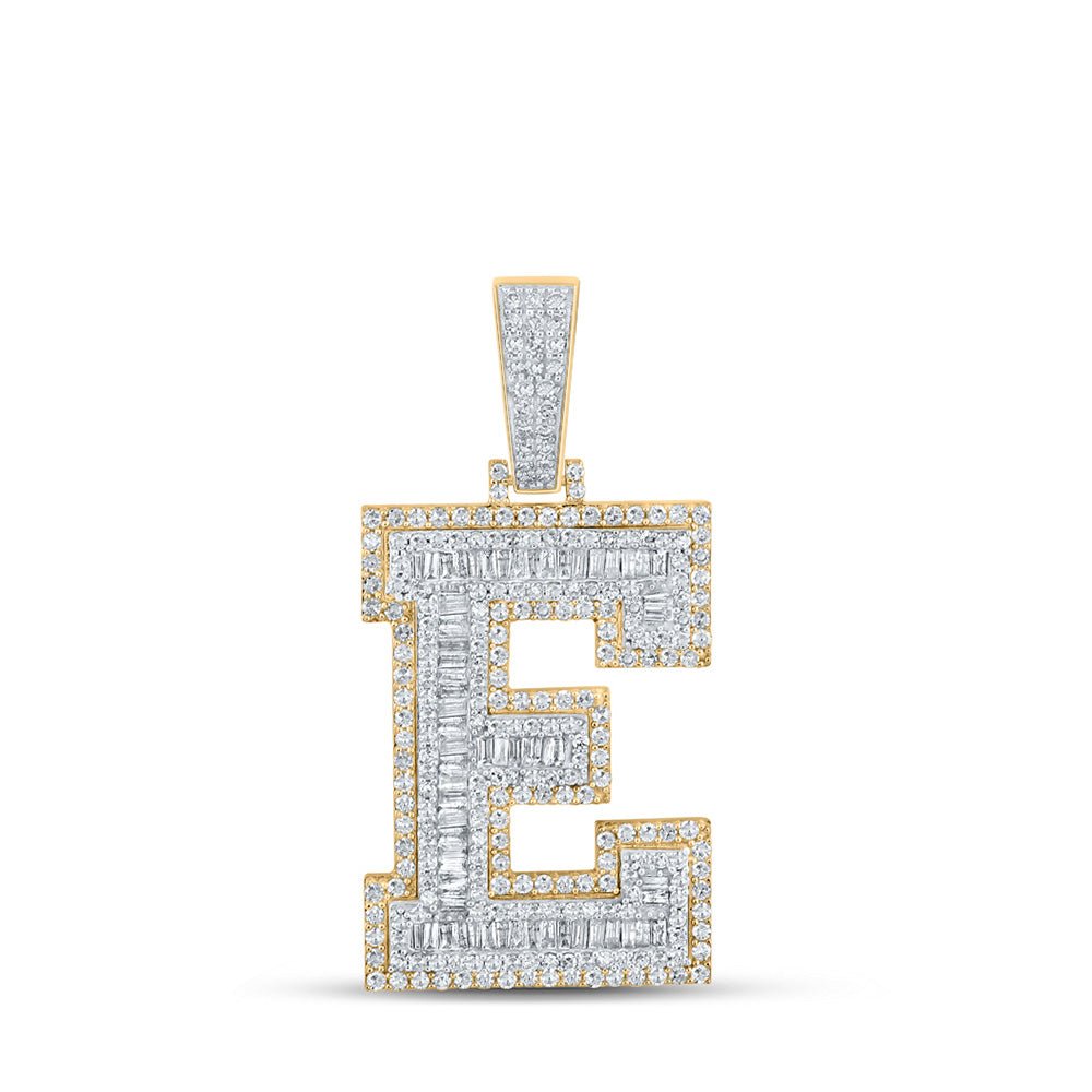 Men's Diamond Charm Pendant | 10kt Two-tone Gold Mens Baguette Diamond E Letter Charm Pendant 2-1/6 Cttw | Splendid Jewellery GND