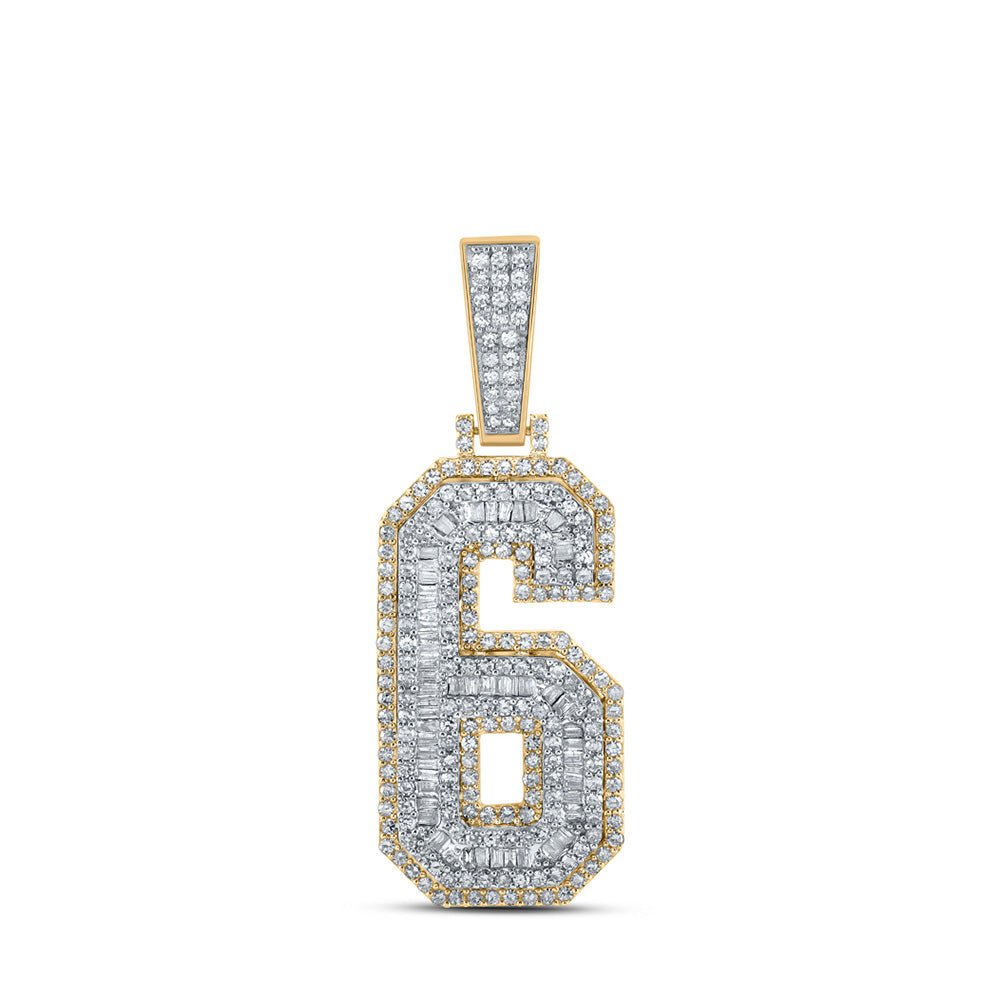 Men's Diamond Charm Pendant | 10kt Two-tone Gold Mens Baguette Diamond Number 6 Charm Pendant 1-5/8 Cttw | Splendid Jewellery GND