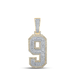 Men's Diamond Charm Pendant | 10kt Two-tone Gold Mens Baguette Diamond Number 9 Charm Pendant 1-5/8 Cttw | Splendid Jewellery GND
