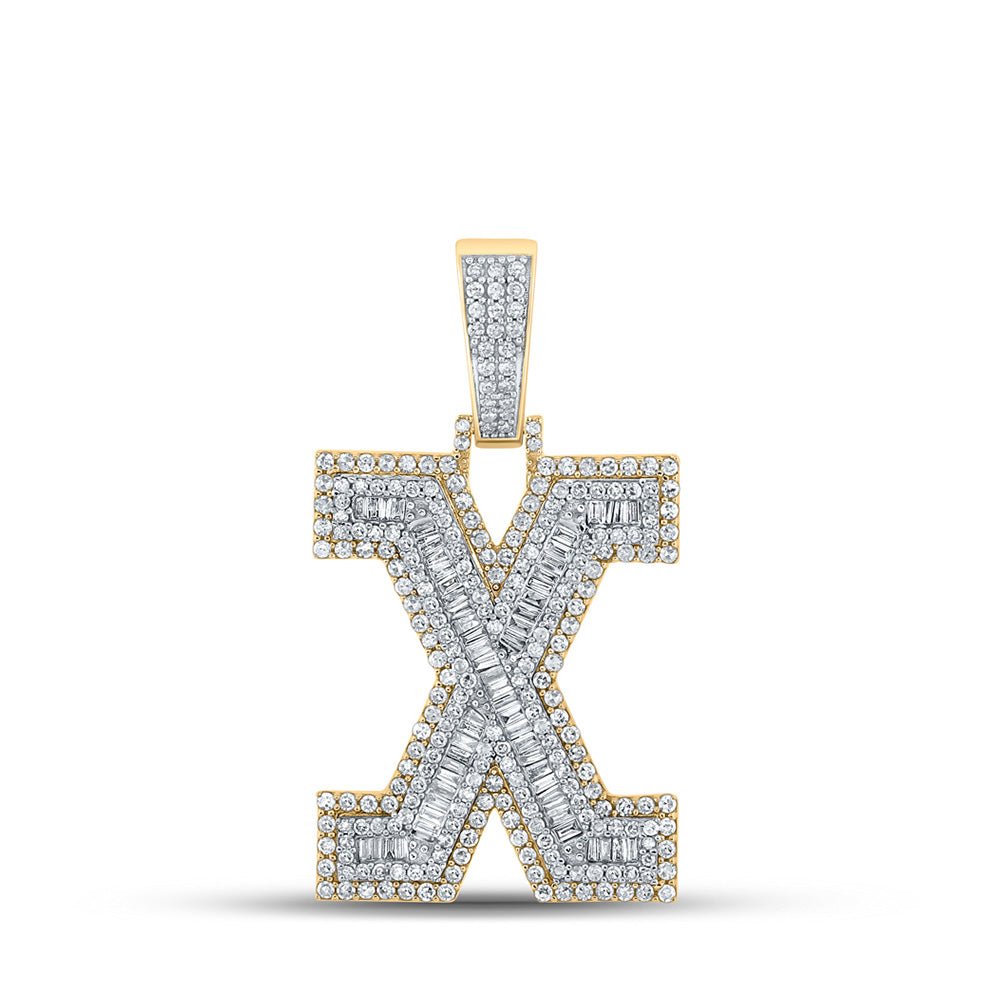 Men's Diamond Charm Pendant | 10kt Two-tone Gold Mens Baguette Diamond X Initial Letter Charm Pendant 2 Cttw | Splendid Jewellery GND