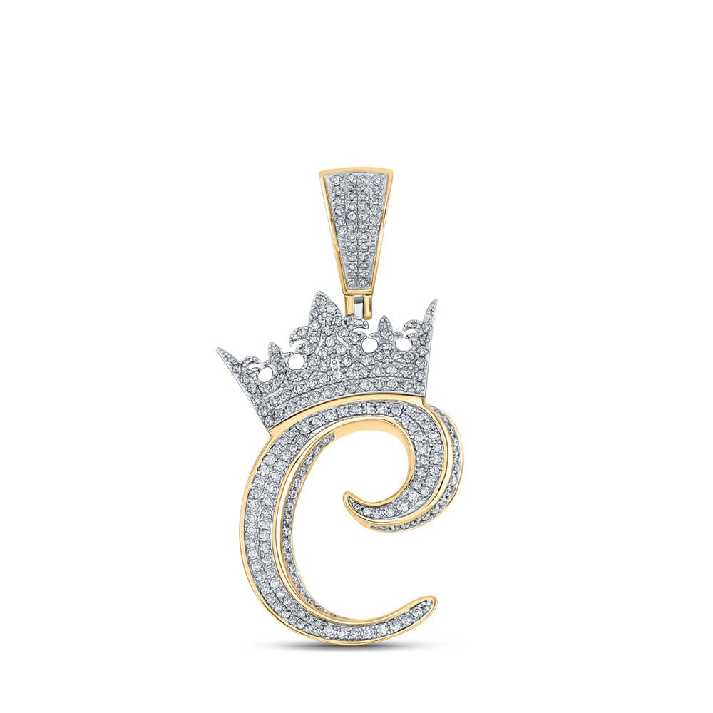 Men's Diamond Charm Pendant | 10kt Two-tone Gold Mens Round Diamond Crown C Letter Charm Pendant 1-1/3 Cttw | Splendid Jewellery GND