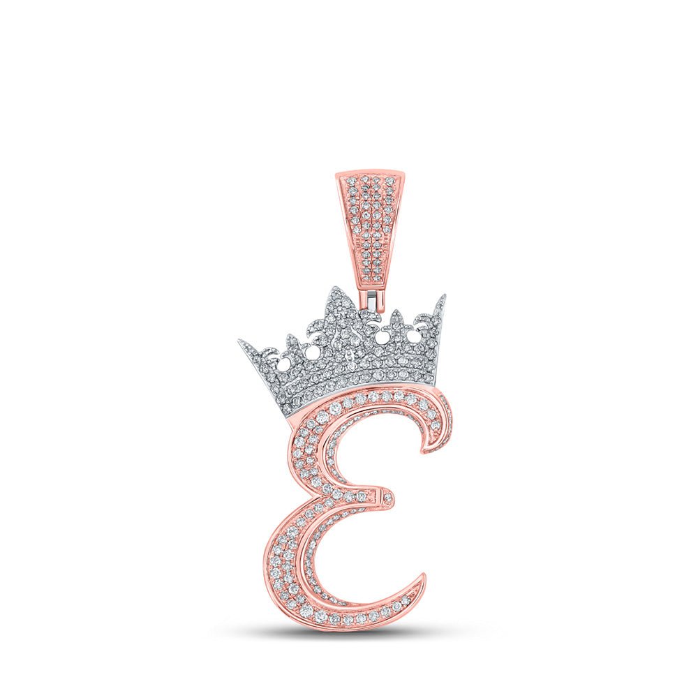 Men's Diamond Charm Pendant | 10kt Two-tone Gold Mens Round Diamond Crown E Letter Charm Pendant 1-1/5 Cttw | Splendid Jewellery GND