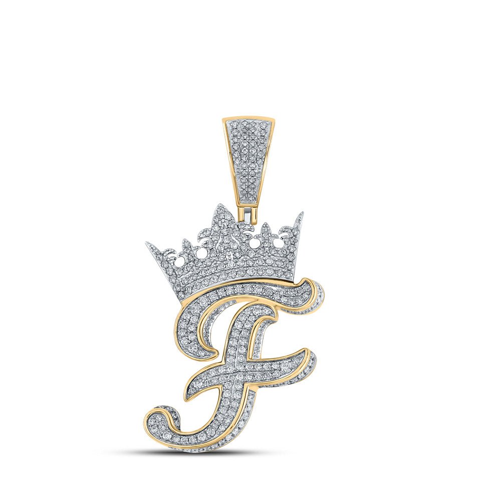 Men's Diamond Charm Pendant | 10kt Two-tone Gold Mens Round Diamond Crown F Letter Charm Pendant 1-3/8 Cttw | Splendid Jewellery GND