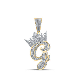 Men's Diamond Charm Pendant | 10kt Two-tone Gold Mens Round Diamond Crown G Letter Charm Pendant 1-3/8 Cttw | Splendid Jewellery GND