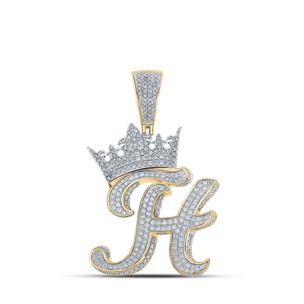 Men's Diamond Charm Pendant | 10kt Two-tone Gold Mens Round Diamond Crown H Letter Charm Pendant 1-7/8 Cttw | Splendid Jewellery GND