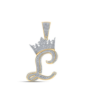 Men's Diamond Charm Pendant | 10kt Two-tone Gold Mens Round Diamond Crown L Letter Charm Pendant 1-1/2 Cttw | Splendid Jewellery GND