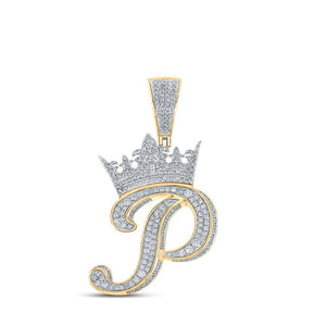 Men's Diamond Charm Pendant | 10kt Two-tone Gold Mens Round Diamond Crown P Letter Charm Pendant 1-1/2 Cttw | Splendid Jewellery GND