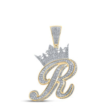 Load image into Gallery viewer, 10kt Two-tone Gold Men&#39;s Diamond Crown R Letter Charm Pendant - 1-7/8 Cttw - Alternate view 1 from Splendid Jewellery