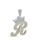 10kt Two-tone Gold Men's Diamond Crown R Letter Charm Pendant - 1-7/8 Cttw - Alternate view 1 from Splendid Jewellery