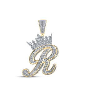10kt Two-tone Gold Men's Diamond Crown R Letter Charm Pendant - 1-7/8 Cttw - Alternate view 1 from Splendid Jewellery