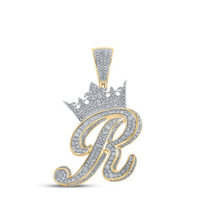 Men's Diamond Charm Pendant | 10kt Two-tone Gold Mens Round Diamond Crown R Letter Charm Pendant 1-7/8 Cttw | Splendid Jewellery GND