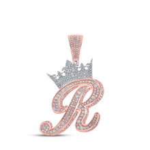 Load image into Gallery viewer, 10kt Two-tone Gold Men&#39;s Diamond Crown R Letter Charm Pendant - 1-7/8 Cttw - Alternate view 1 from Splendid Jewellery