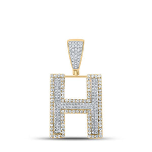 Men's Diamond Charm Pendant | 10kt Two-tone Gold Mens Round Diamond Initial H Letter Charm Pendant 7/8 Cttw | Splendid Jewellery GND