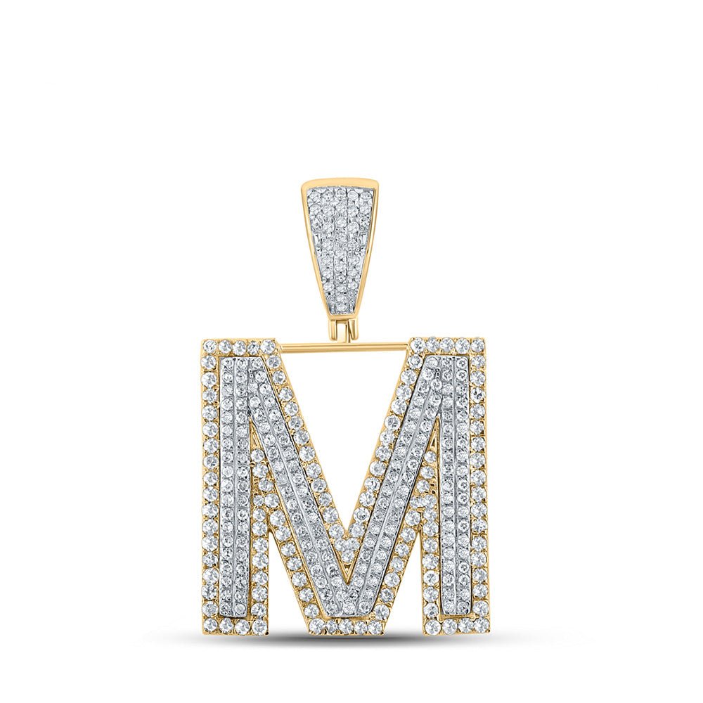 Men's Diamond Charm Pendant | 10kt Two-tone Gold Mens Round Diamond Initial M Letter Charm Pendant 1-1/5 Cttw | Splendid Jewellery GND