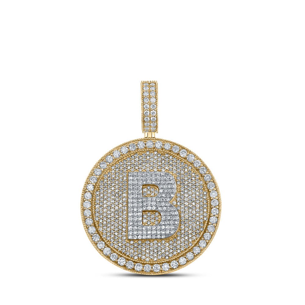 Men's Diamond Charm Pendant | 10kt Two-tone Gold Mens Round Diamond Letter B Circle Charm Pendant 3-7/8 Cttw | Splendid Jewellery GND