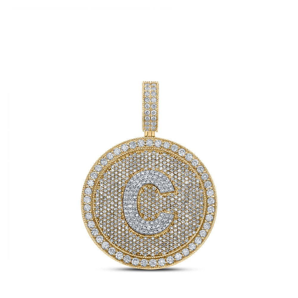 Men's Diamond Charm Pendant | 10kt Two-tone Gold Mens Round Diamond Letter C Circle Charm Pendant 3-3/4 Cttw | Splendid Jewellery GND