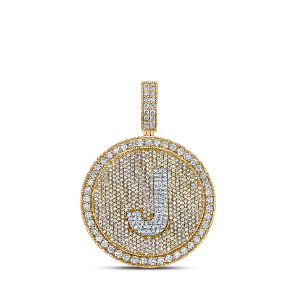 Men's Diamond Charm Pendant | 10kt Two-tone Gold Mens Round Diamond Letter J Circle Charm Pendant 3-7/8 Cttw | Splendid Jewellery GND